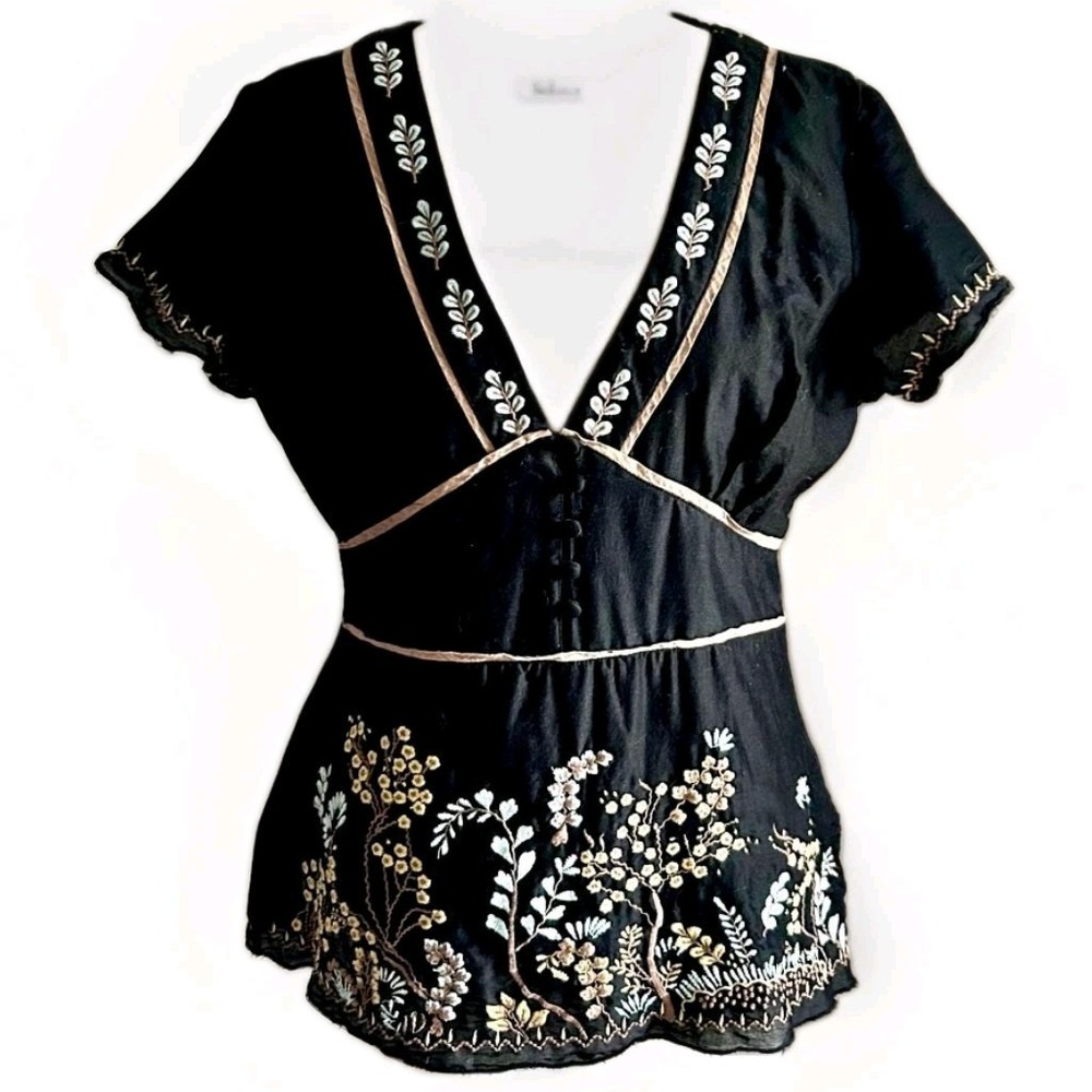 Sundance Womens 8 Cotton Silk Boho Empire Y2K Top Embroidered Black Cap Sleeve